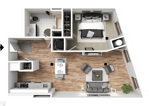 Floor plan for 1 bed, 1 bath, 696 sqft